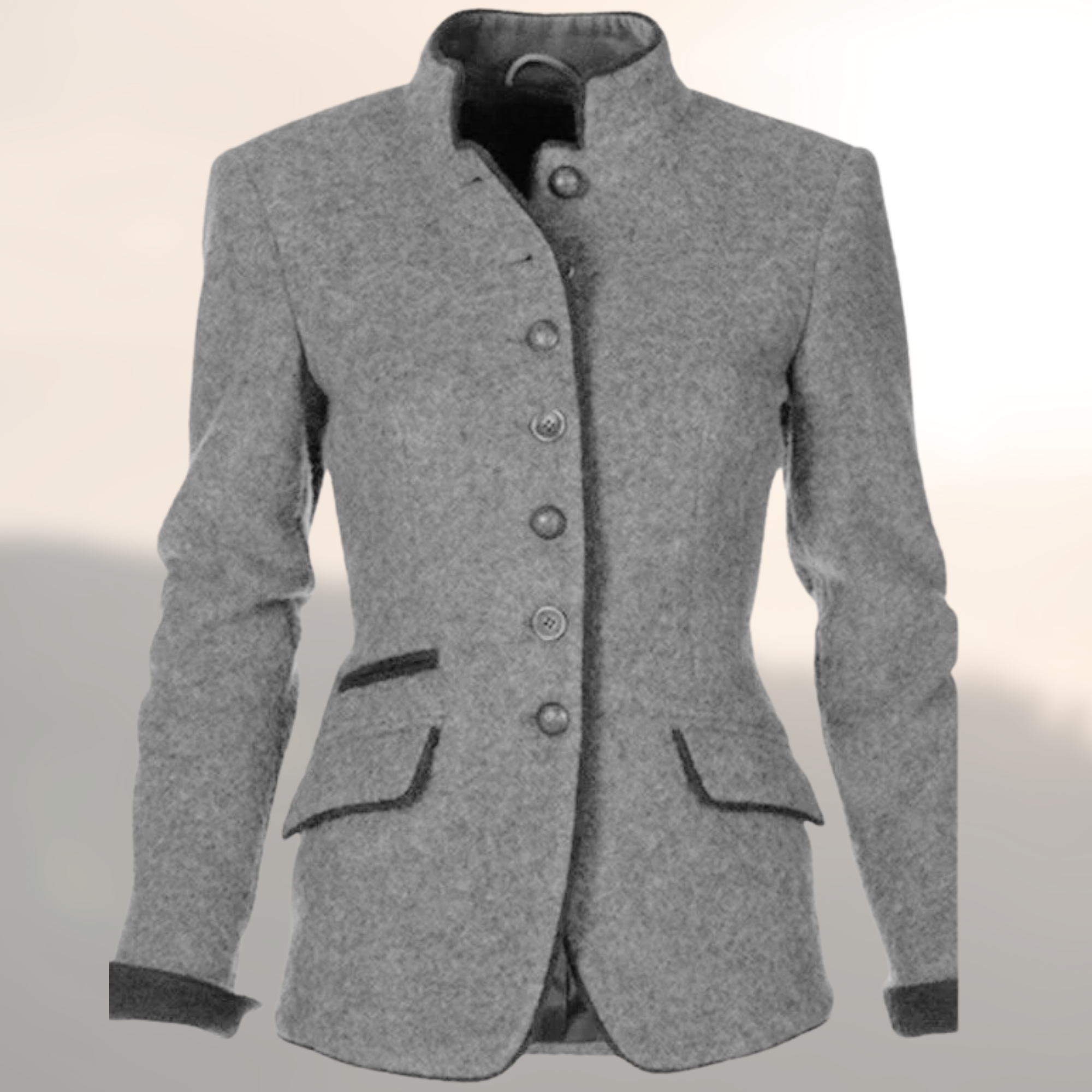 Contrast Trim Stand Collar Button Front Fitted Wool Blazer
