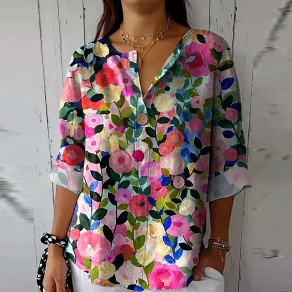 Abstract Floral Print V Neck Button Relaxed Summer Blouse