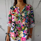 Abstract Floral Print V Neck Button Relaxed Summer Blouse