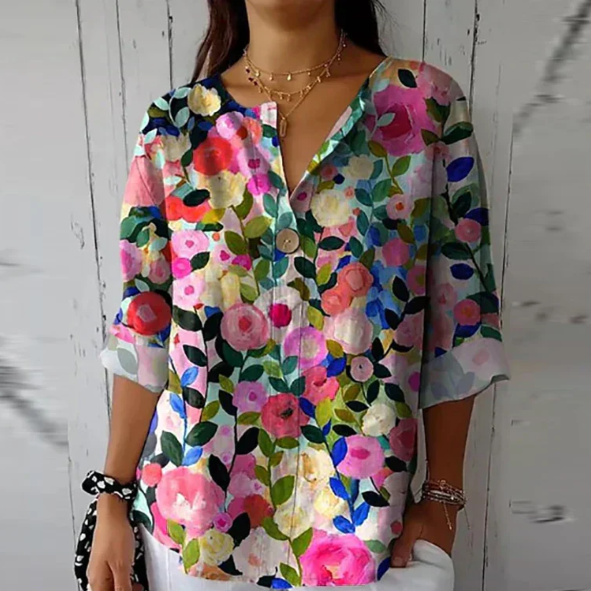 Abstract Floral Print V Neck Button Relaxed Summer Blouse