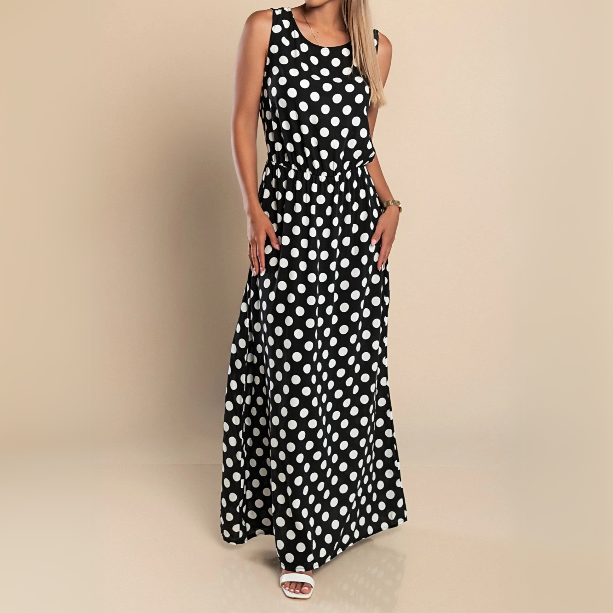 Polka Dot Sleeveless Scoop Neck Elasticated Waist Maxi Dress
