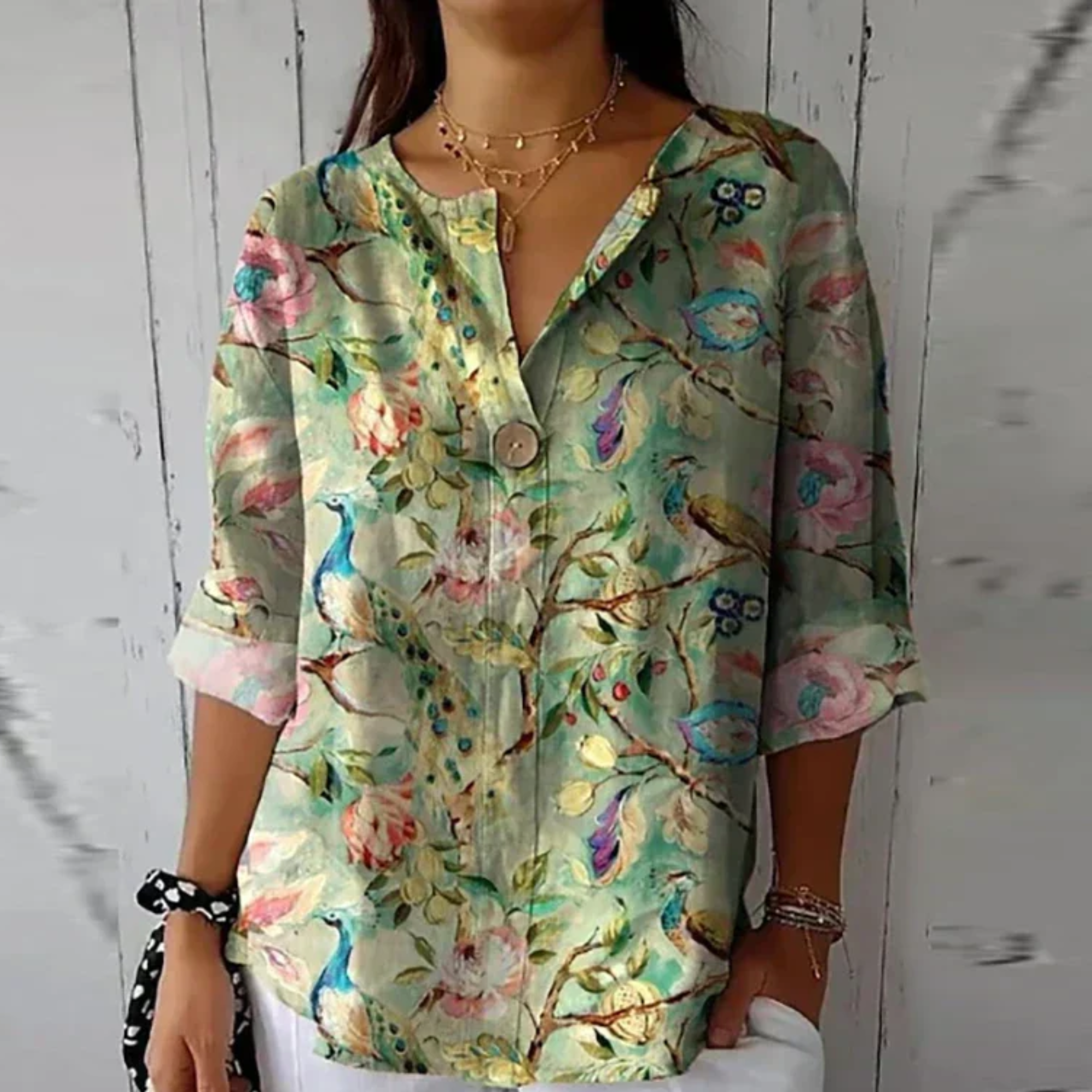 Abstract Floral Print V Neck Button Relaxed Summer Blouse