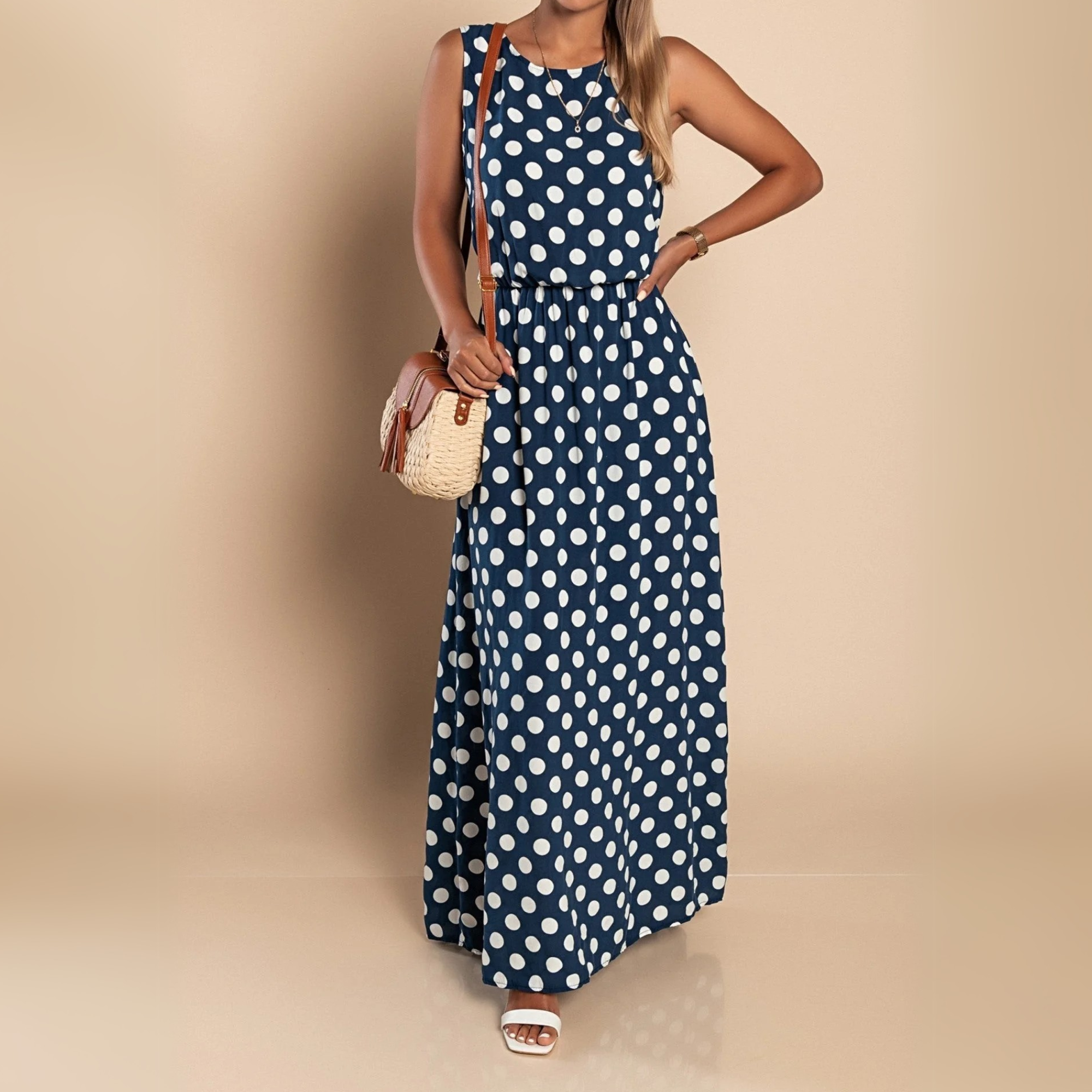 Polka Dot Sleeveless Scoop Neck Elasticated Waist Maxi Dress