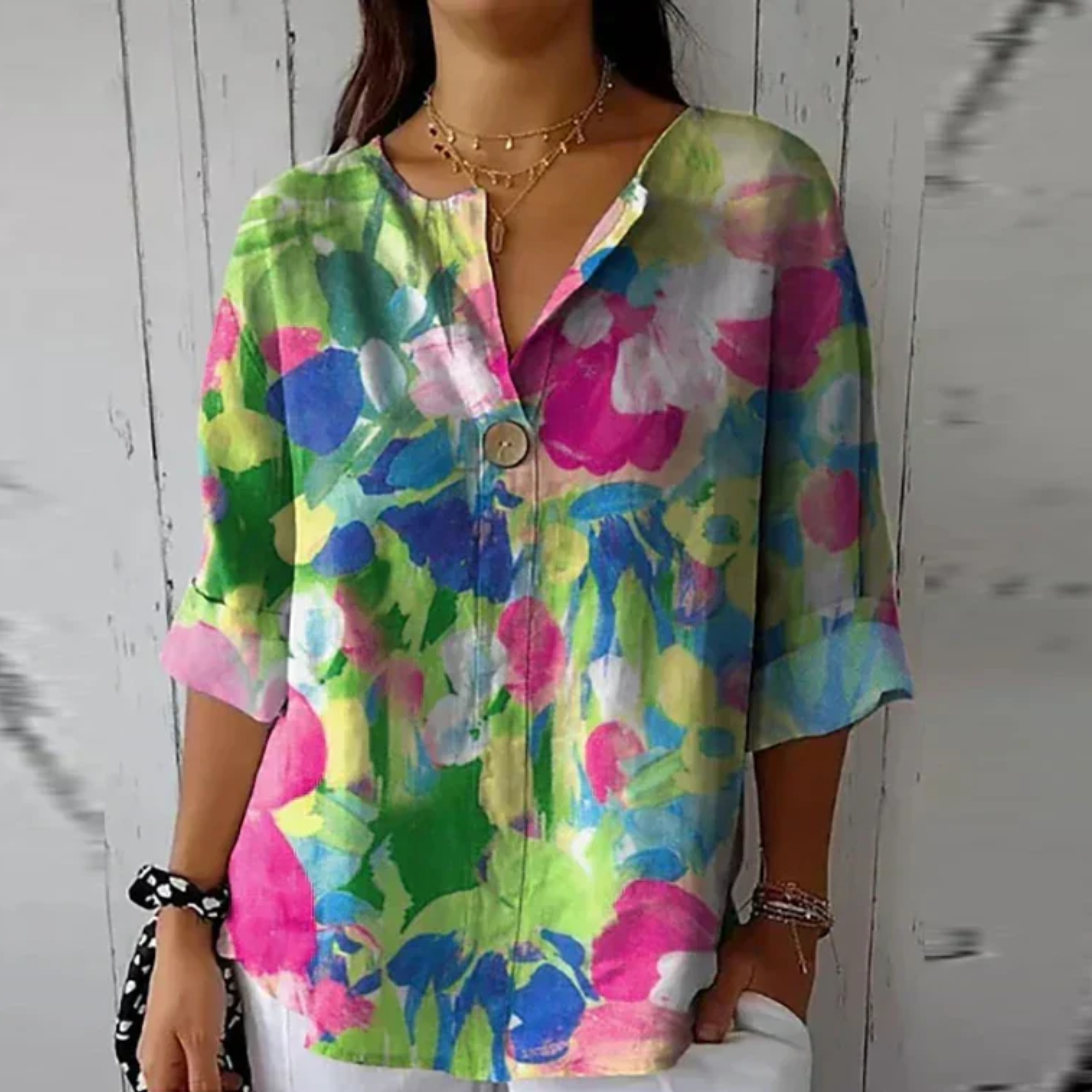 Abstract Floral Print V Neck Button Relaxed Summer Blouse