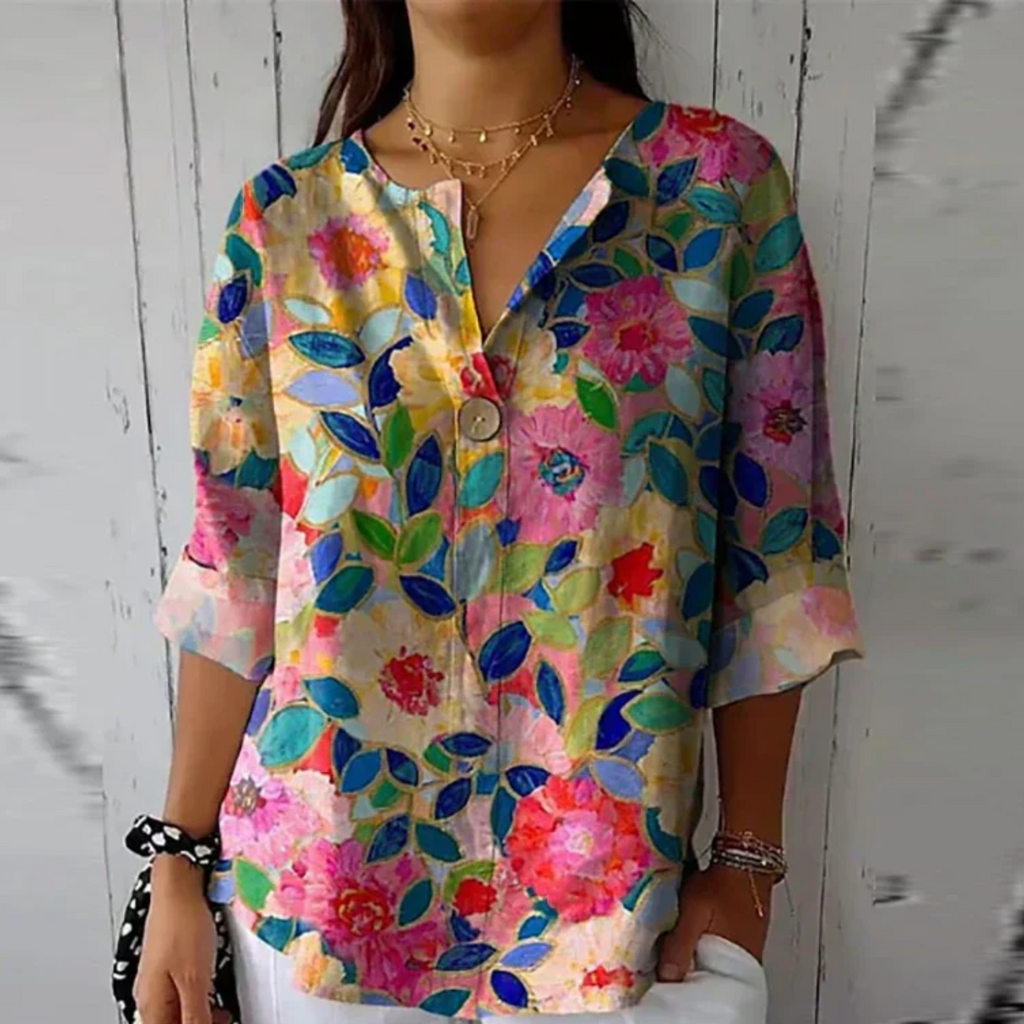 Abstract Floral Print V Neck Button Relaxed Summer Blouse