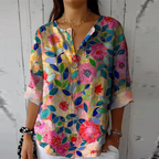 Abstract Floral Print V Neck Button Relaxed Summer Blouse