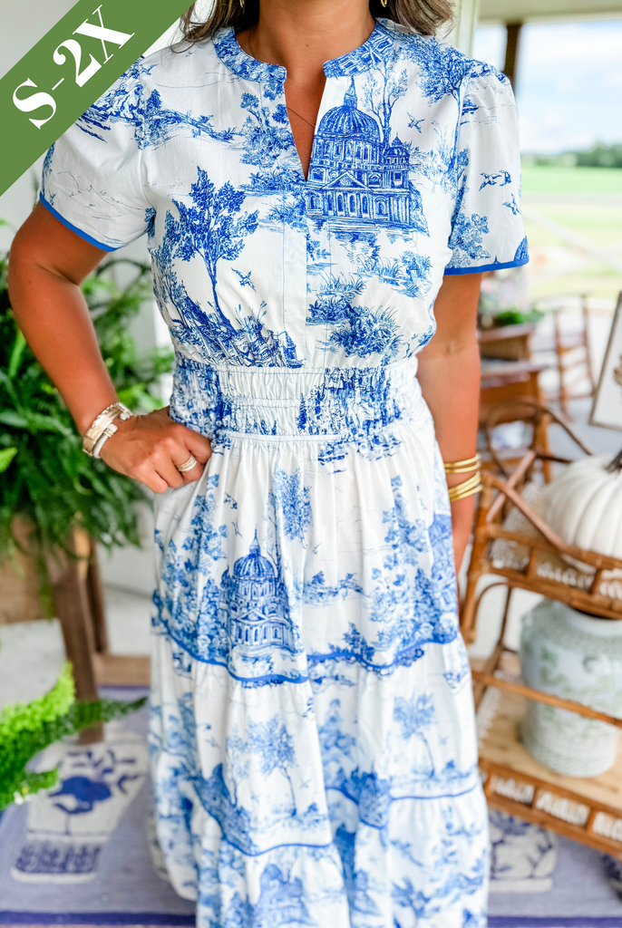 Toile Print Puff Sleeve Elasticated Waist Tiered Maxi Dress