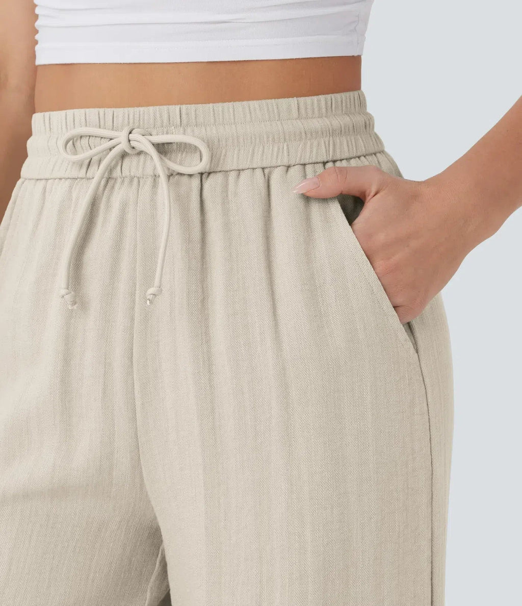 Smocked High Waist Drawstring Wide Leg Linen Pant