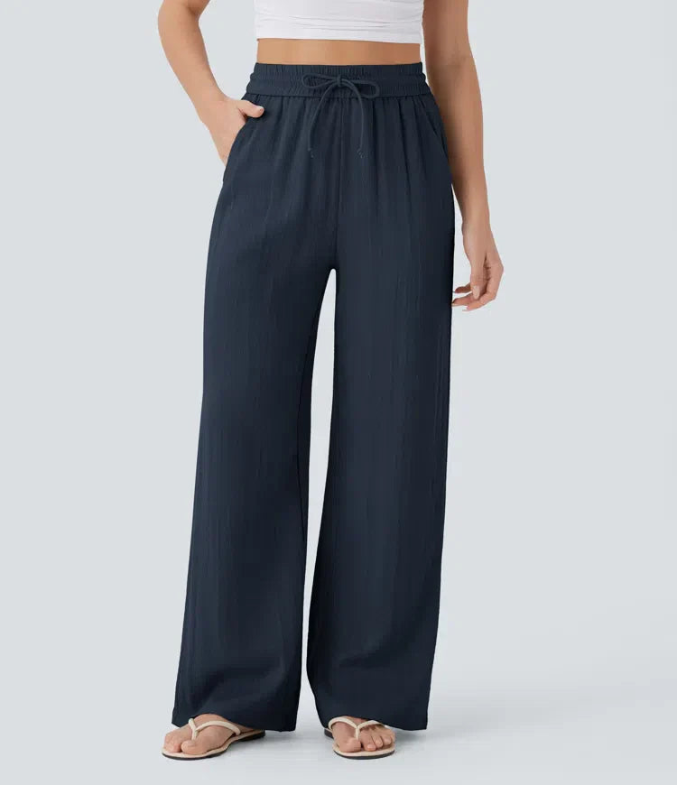 Smocked High Waist Drawstring Wide Leg Linen Pant