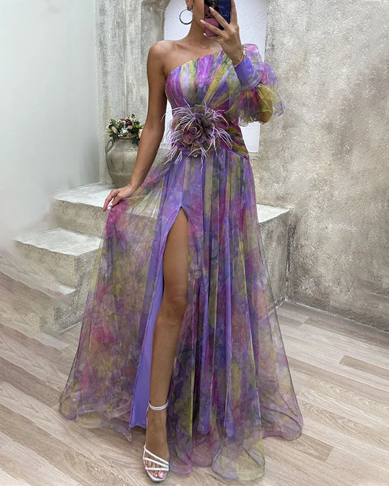 Floral Tulle One Shoulder Split Maxi Dress - Formal Evening Gown
