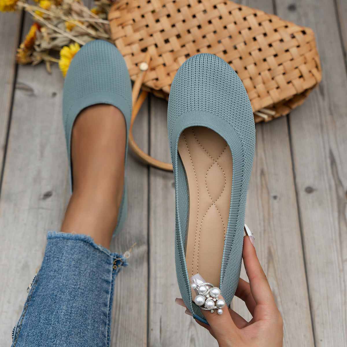 Ribbed Knit Slip On Cushioned Insole Round Toe Ballet Flat