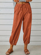 Button Cuff Patch Pocket Drawstring Capri Linen Pant