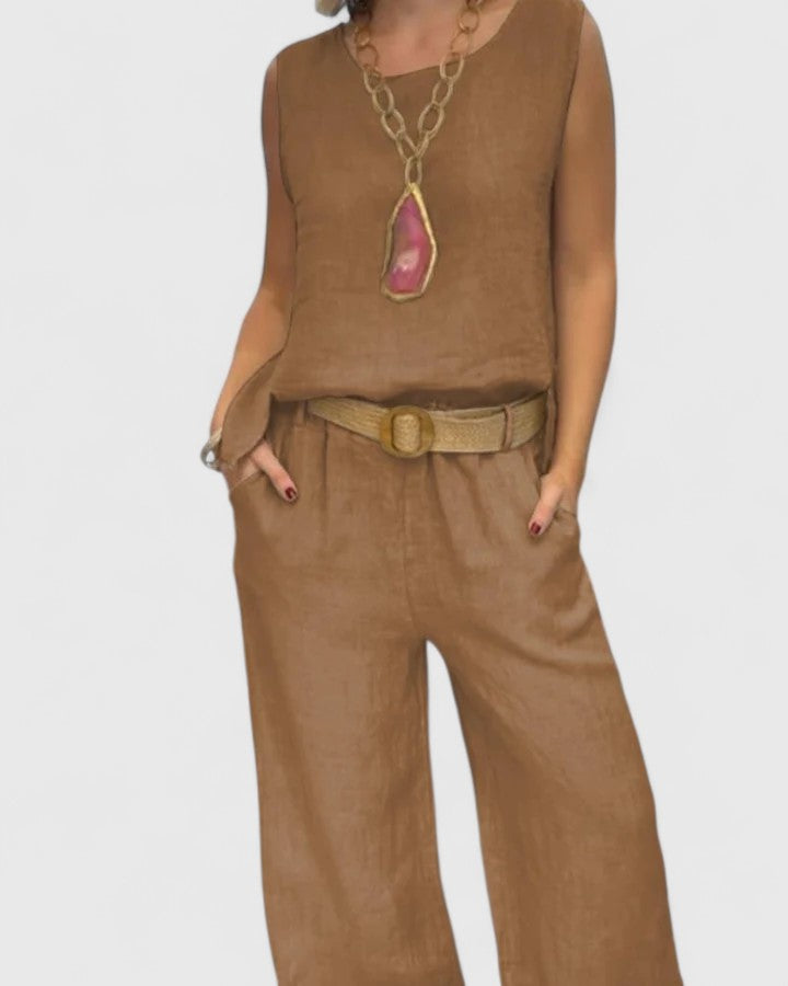 Sleeveless Tank Top Wide Leg Trouser Linen Two Piece Set