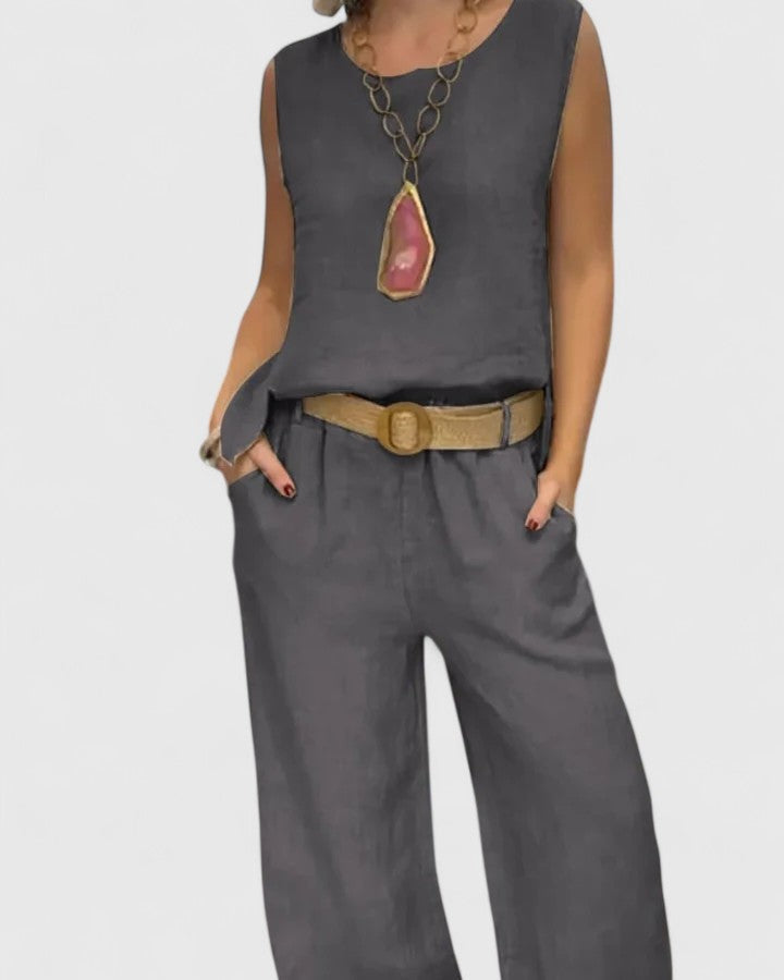 Sleeveless Tank Top Wide Leg Trouser Linen Two Piece Set