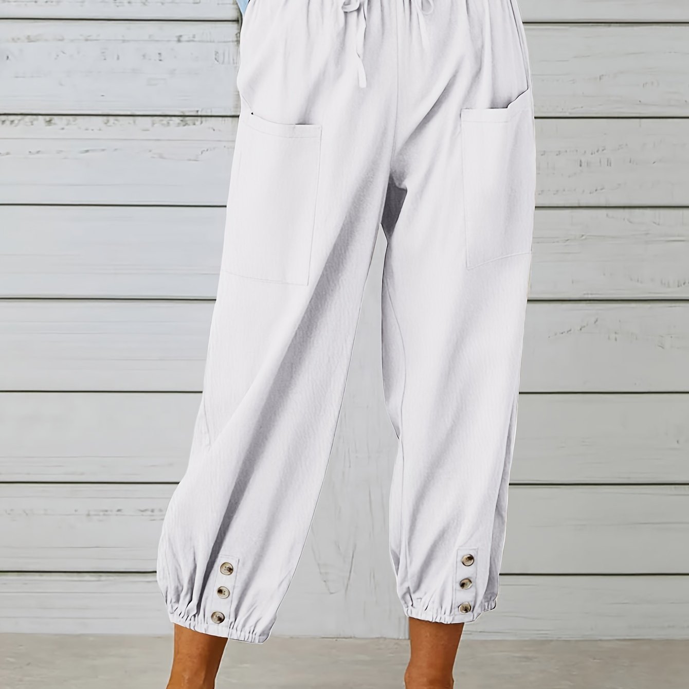 Button Cuff Patch Pocket Drawstring Capri Linen Pant