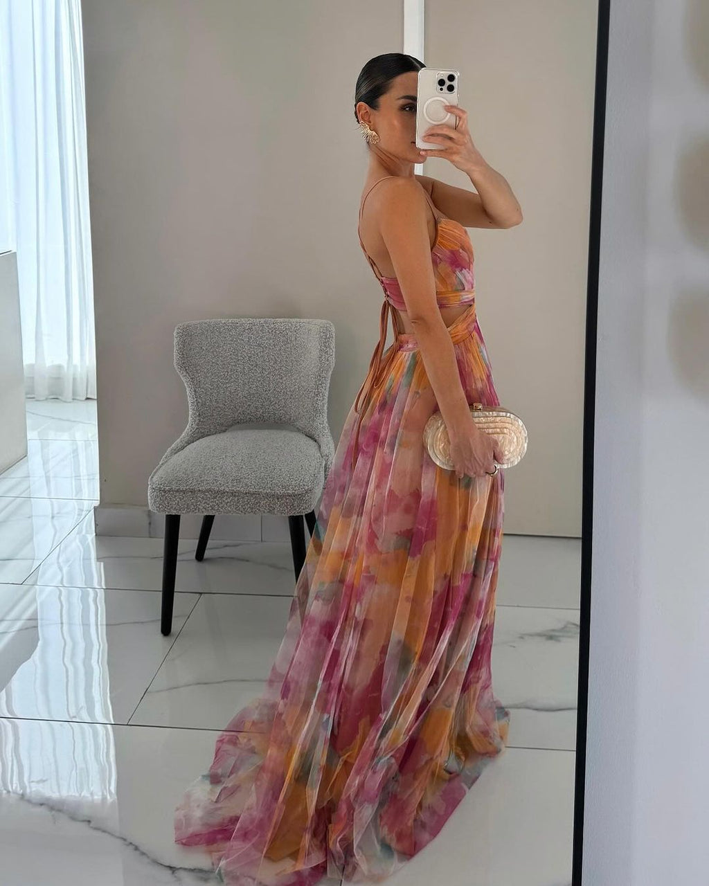 Floral Tulle Strappy Maxi Dress - Formal Evening Gown