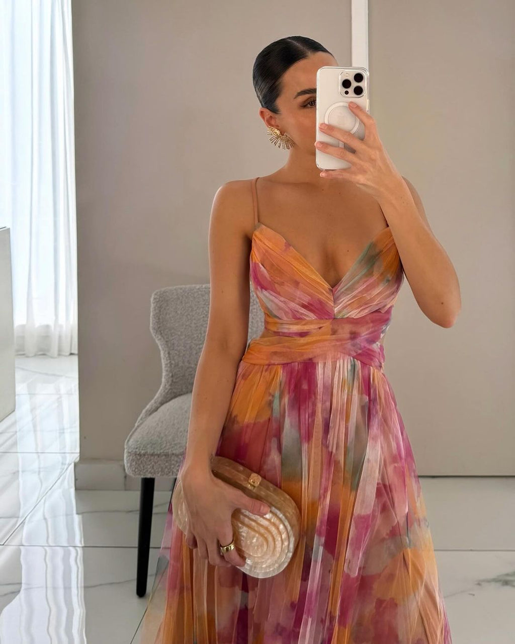Floral Tulle Strappy Maxi Dress - Formal Evening Gown