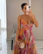 Floral Tulle Strappy Maxi Dress - Formal Evening Gown
