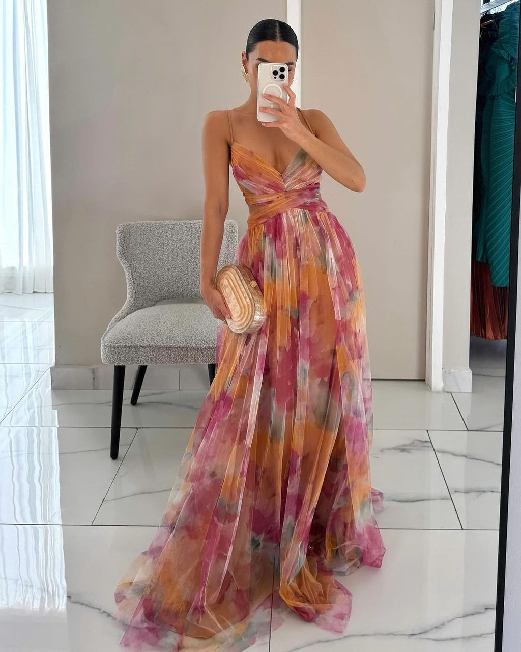 Floral Tulle Strappy Maxi Dress - Formal Evening Gown