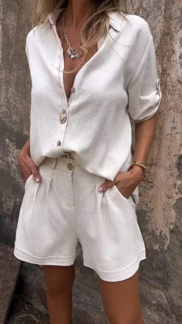 Oversized Linen Shirt Tailored Short Two Piece Set- Summer