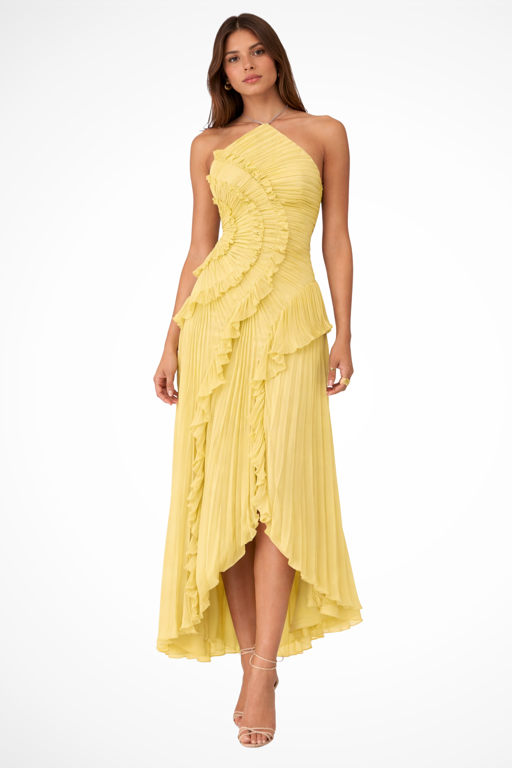 Pleated Ruffle Halter Asymmetric Maxi Dress - Wedding Guest
