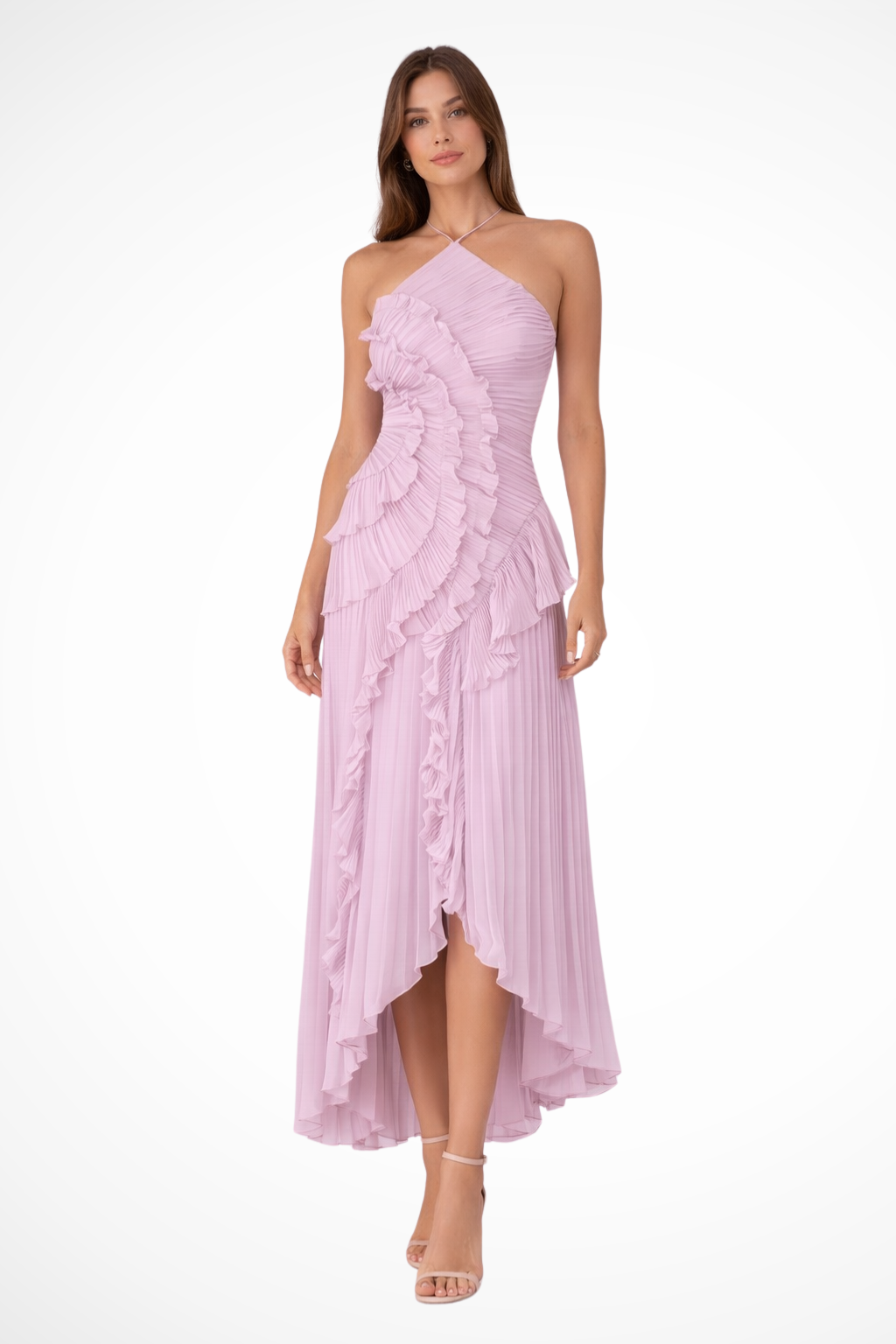 Pleated Ruffle Halter Asymmetric Maxi Dress - Wedding Guest