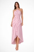 Pleated Ruffle Halter Asymmetric Maxi Dress - Wedding Guest