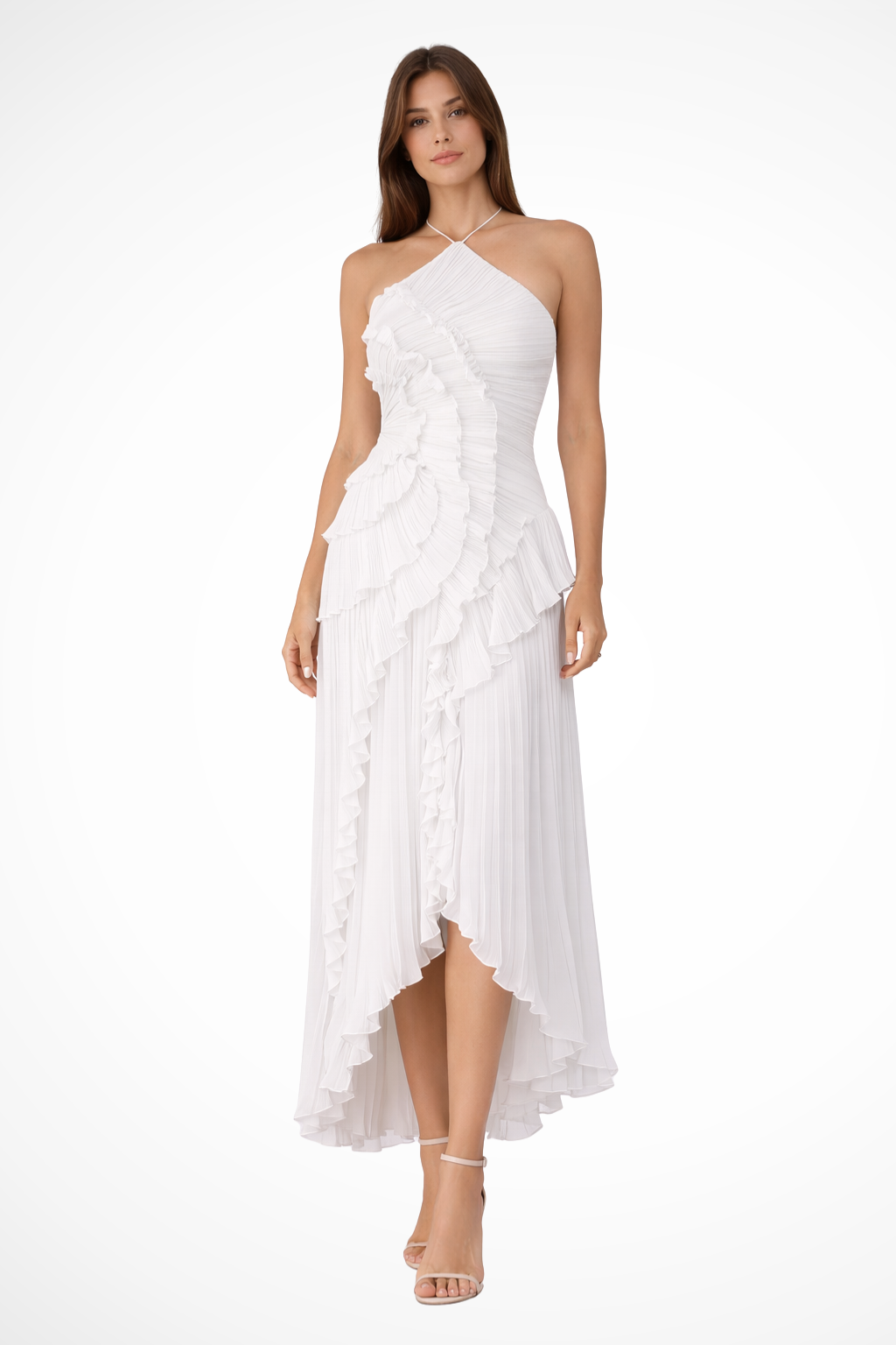 Pleated Ruffle Halter Asymmetric Maxi Dress - Wedding Guest