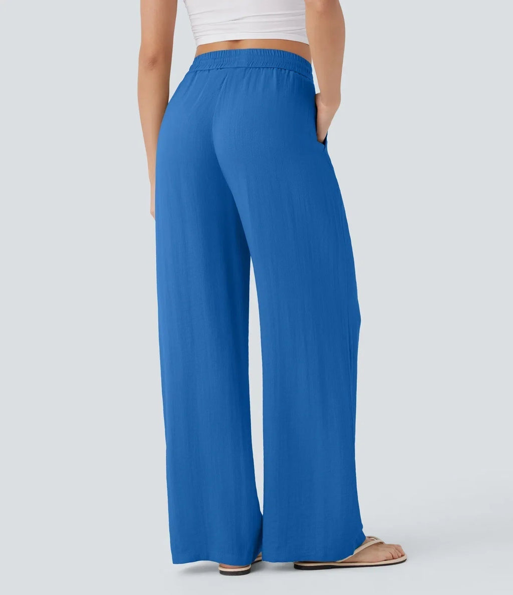Smocked High Waist Drawstring Wide Leg Linen Pant