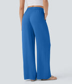 Smocked High Waist Drawstring Wide Leg Linen Pant