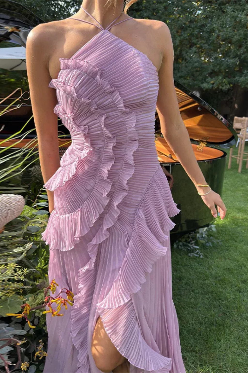 Pleated Ruffle Halter Asymmetric Maxi Dress - Wedding Guest