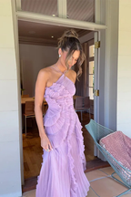 Pleated Ruffle Halter Asymmetric Maxi Dress - Wedding Guest