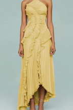 Pleated Ruffle Halter Asymmetric Maxi Dress - Wedding Guest