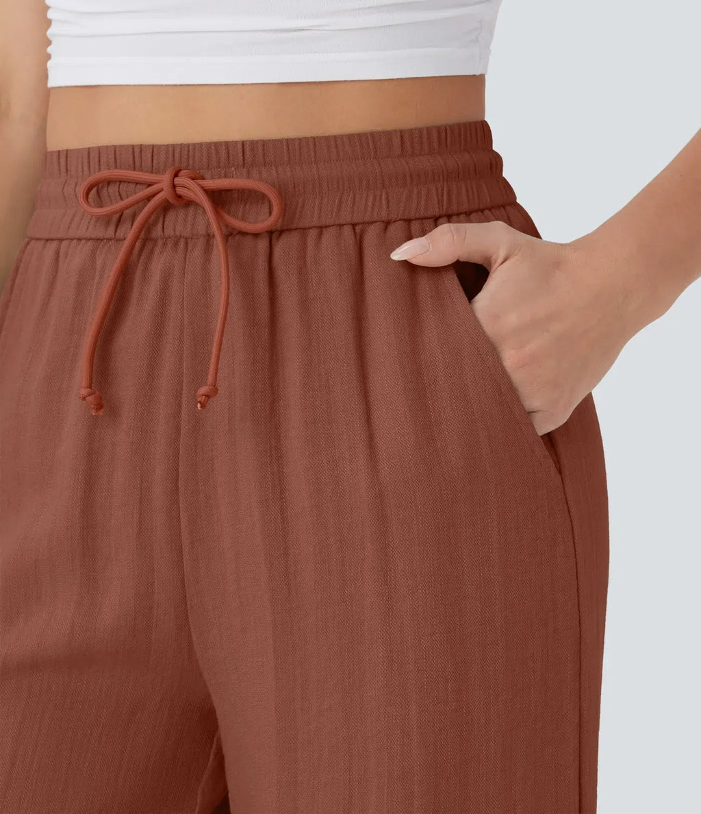 Smocked High Waist Drawstring Wide Leg Linen Pant