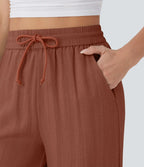 Smocked High Waist Drawstring Wide Leg Linen Pant