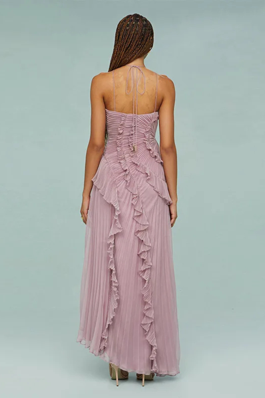 Pleated Ruffle Halter Asymmetric Maxi Dress - Wedding Guest