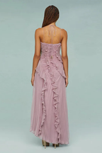 Pleated Ruffle Halter Asymmetric Maxi Dress - Wedding Guest