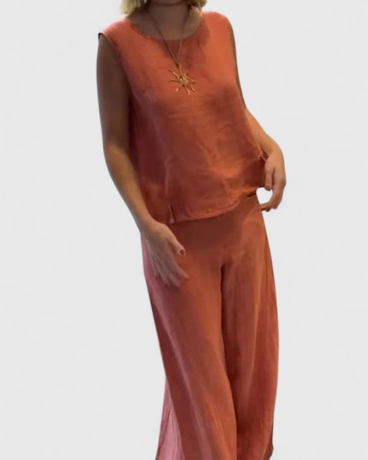 Sleeveless Tank Top Wide Leg Trouser Linen Two Piece Set