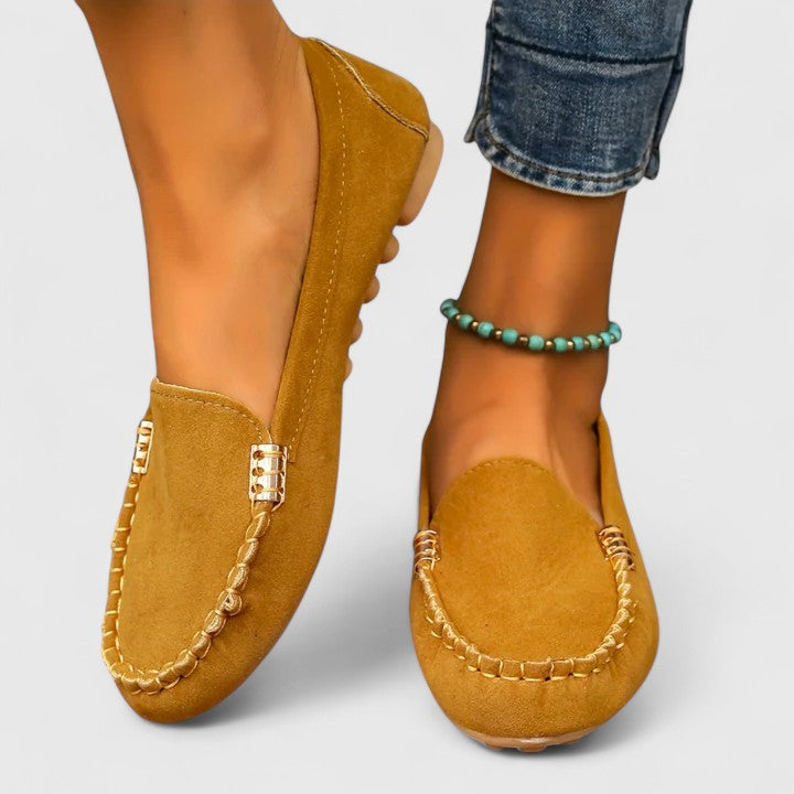 Suede Gold Bar Detail Moccasin Stitch Slip On Flat Loafer