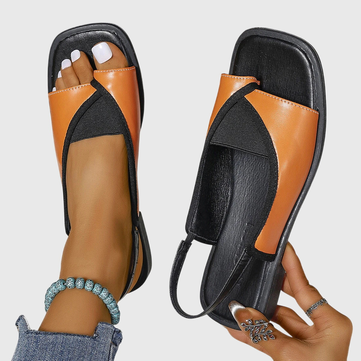 Two Tone Leather Elastic Slingback Flat Sandal