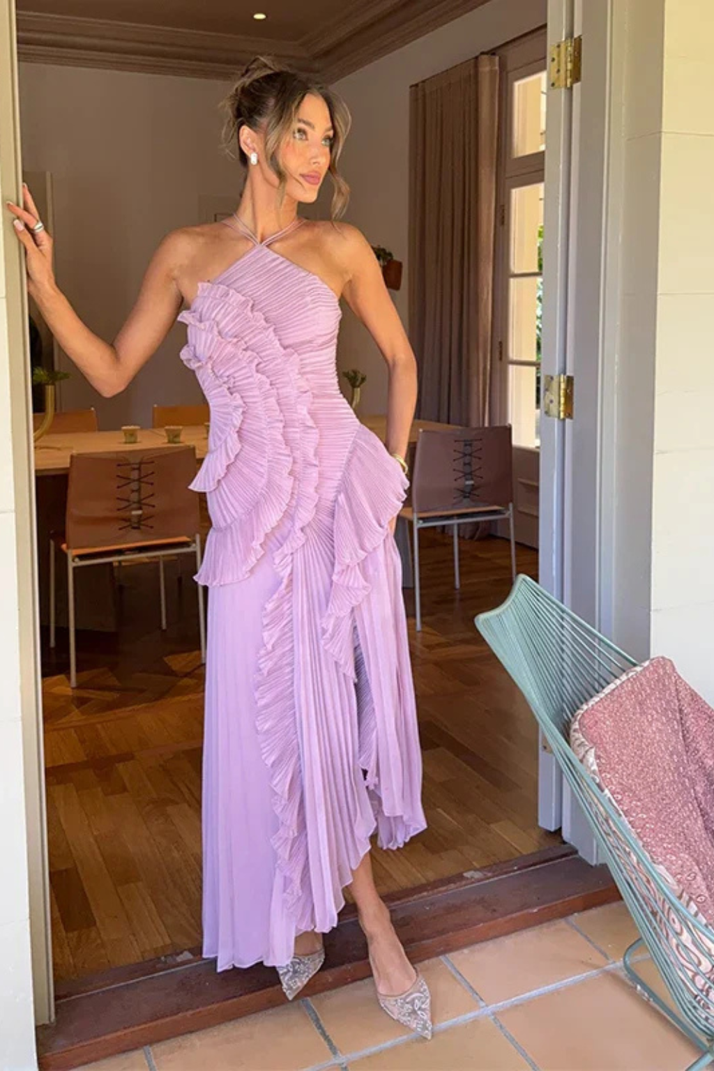 Pleated Ruffle Halter Asymmetric Maxi Dress - Wedding Guest