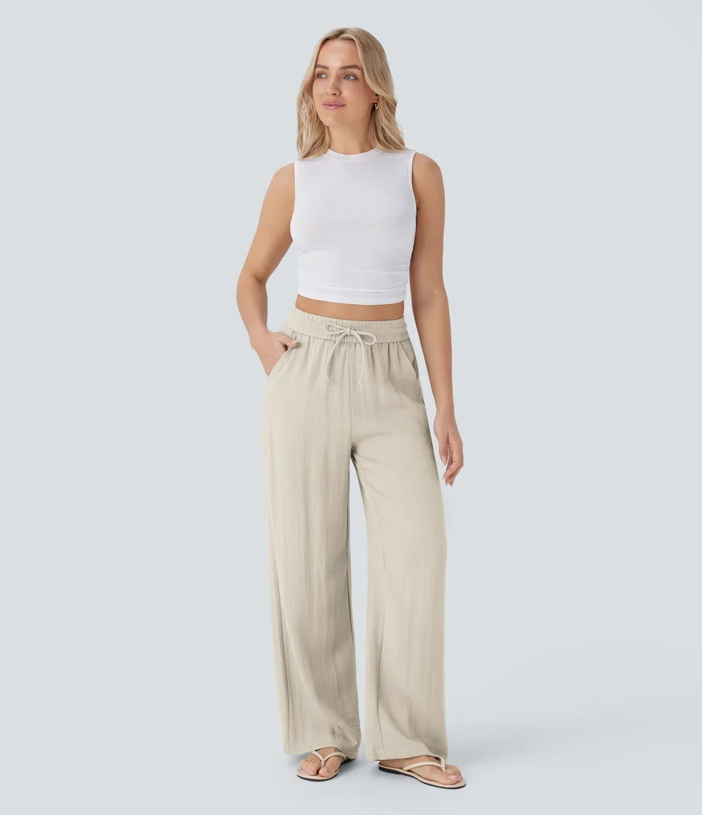 Smocked High Waist Drawstring Wide Leg Linen Pant
