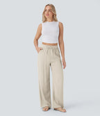 Smocked High Waist Drawstring Wide Leg Linen Pant