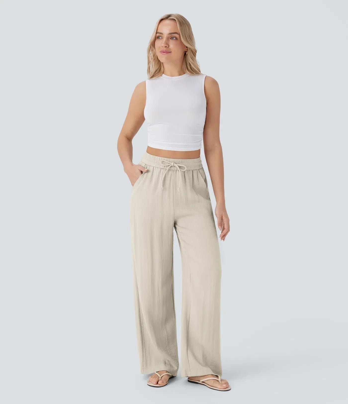 Smocked High Waist Drawstring Wide Leg Linen Pant