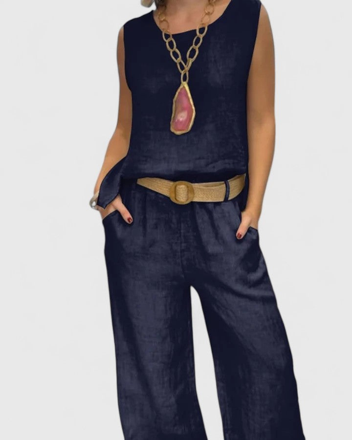 Sleeveless Tank Top Wide Leg Trouser Linen Two Piece Set