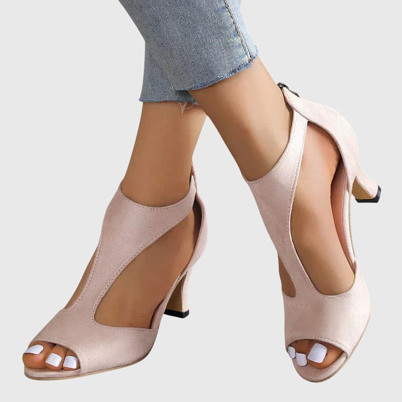 Cut Out Peep Toe Suede Block Heel Sandal