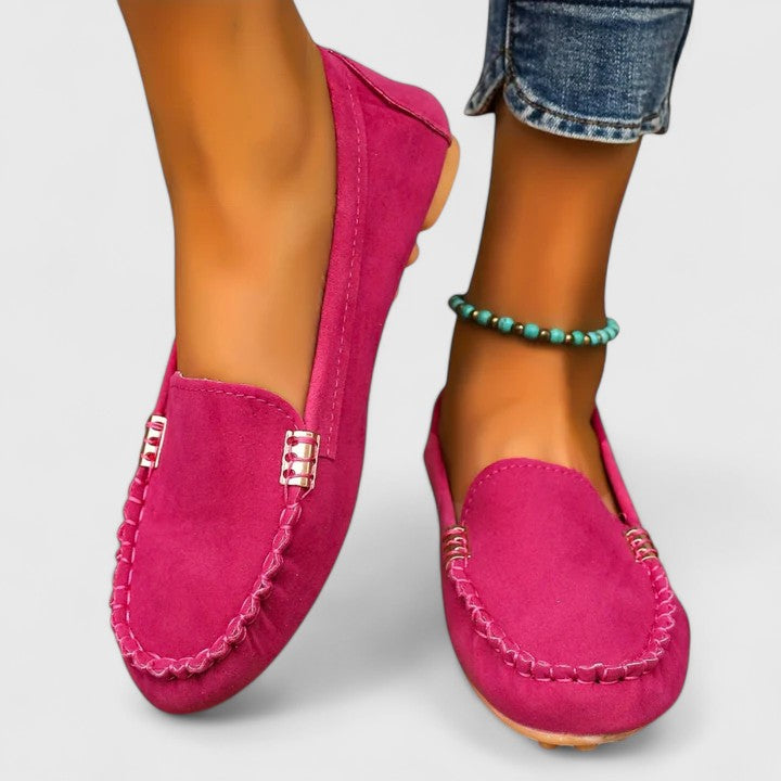 Suede Gold Bar Detail Moccasin Stitch Slip On Flat Loafer