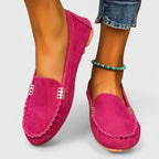 Suede Gold Bar Detail Moccasin Stitch Slip On Flat Loafer