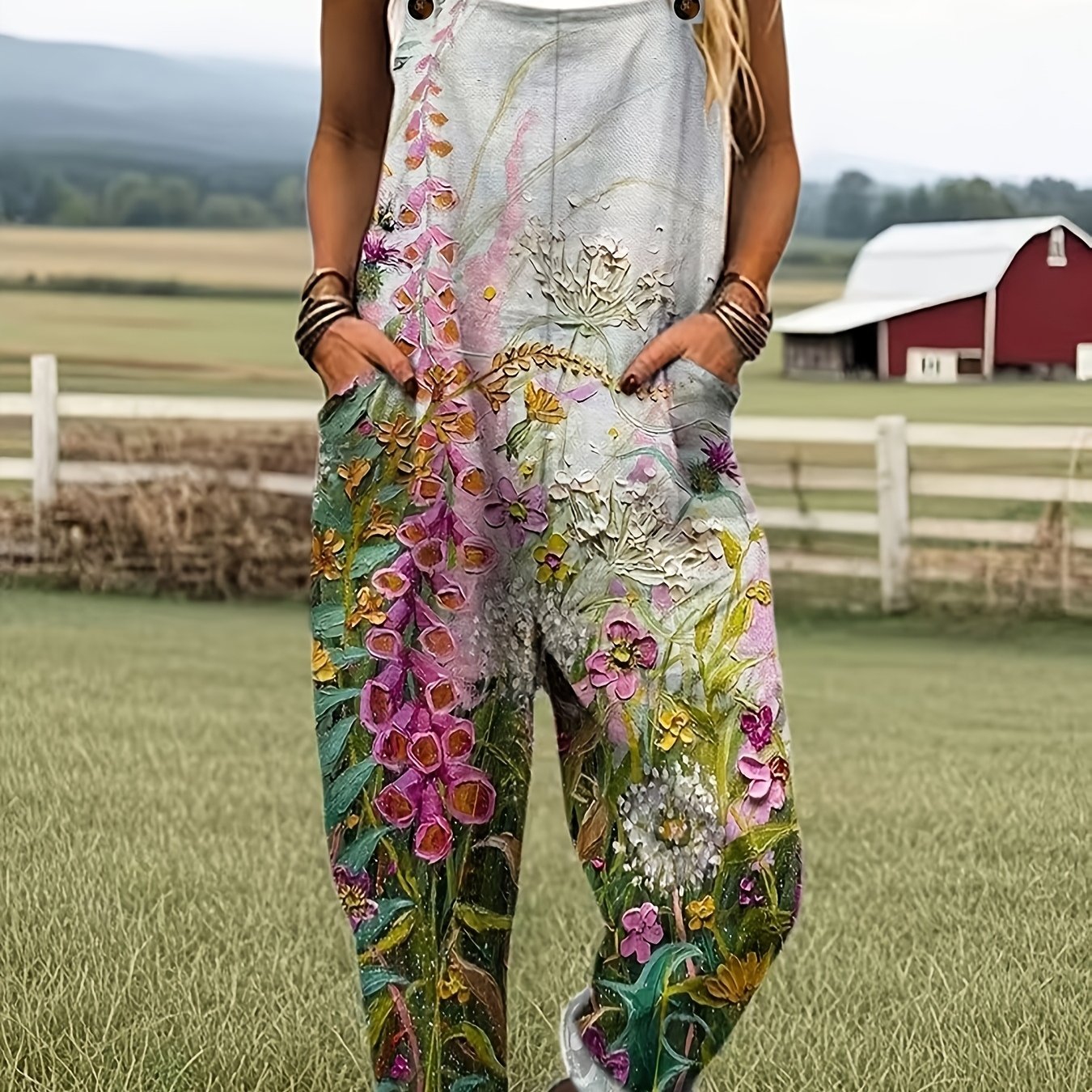 Painterly Floral Print Adjustable Strap Frill Hem Casual Jumpsuit