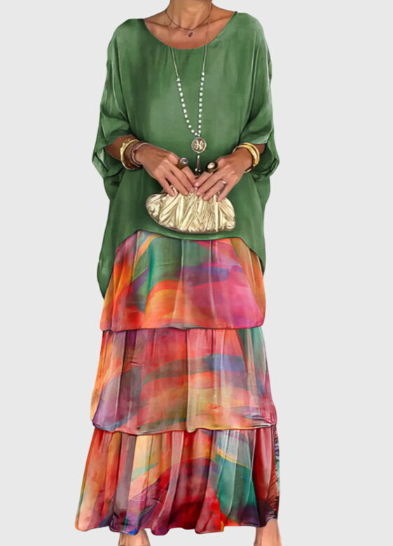 Abstract Print Tiered Boho Flowy Maxi Dress